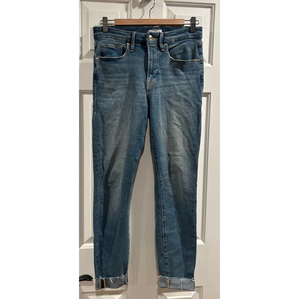Good American Blue Distressed Hem Jeans, Size 6/28